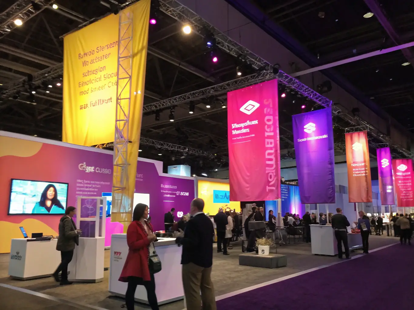 A visually striking image showcasing a successful event, highlighting the brand's logo prominently displayed on banners and promotional materials, with attendees actively engaging and enjoying the event.